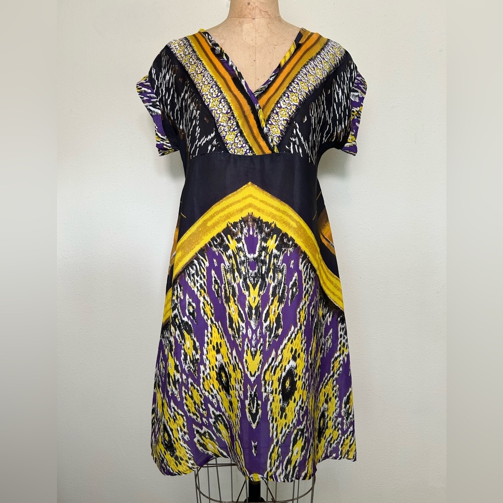 Kenar Dress Women's XL Purple Yellow Tribal Print V-Neck Silk Cap Sleeve Midi - Picture 2 of 9